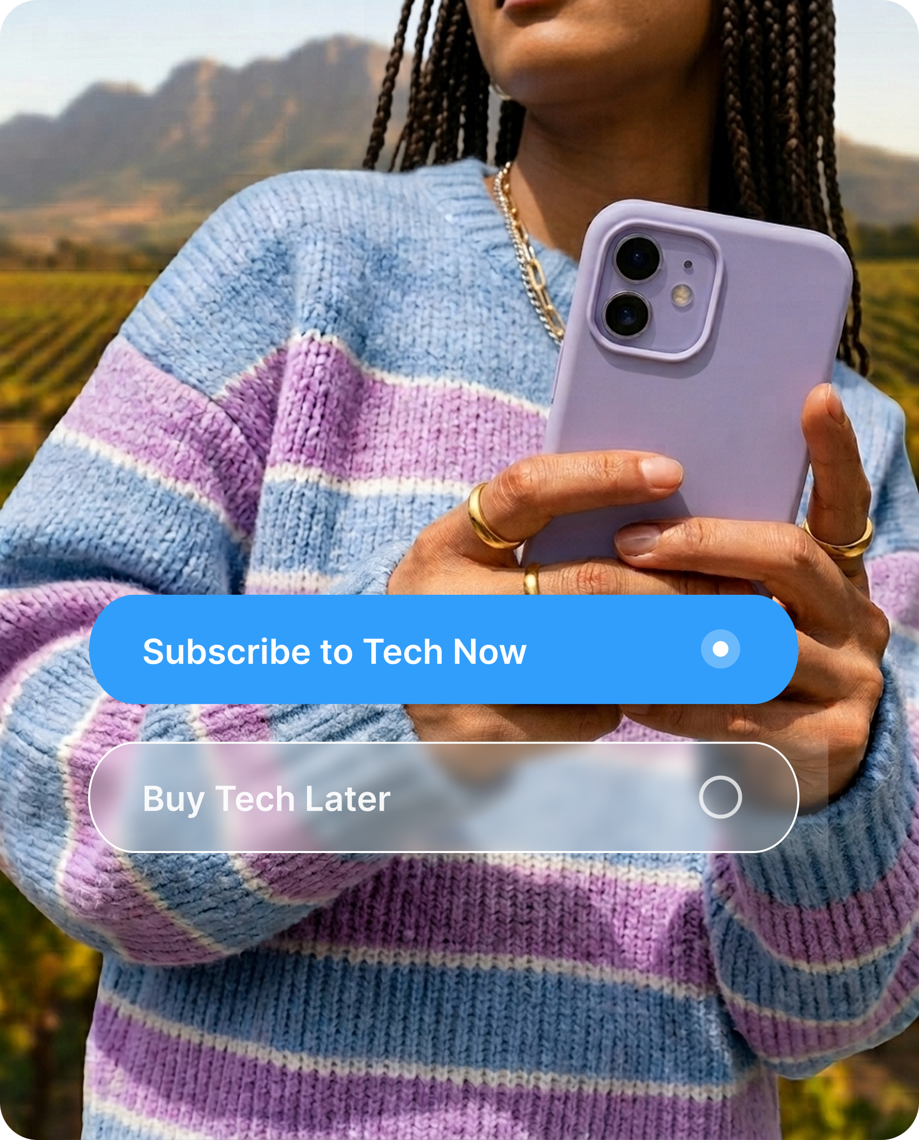 A phone screen prompting 'Subscribe to Tech Now' selected over 'Buy Tech Later'